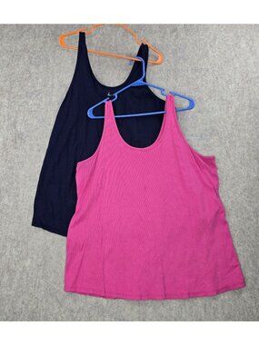 Women’s 2-Piece Tank Top Set Solid Colors Pink & Navy Cotton Blend Sleeveless
